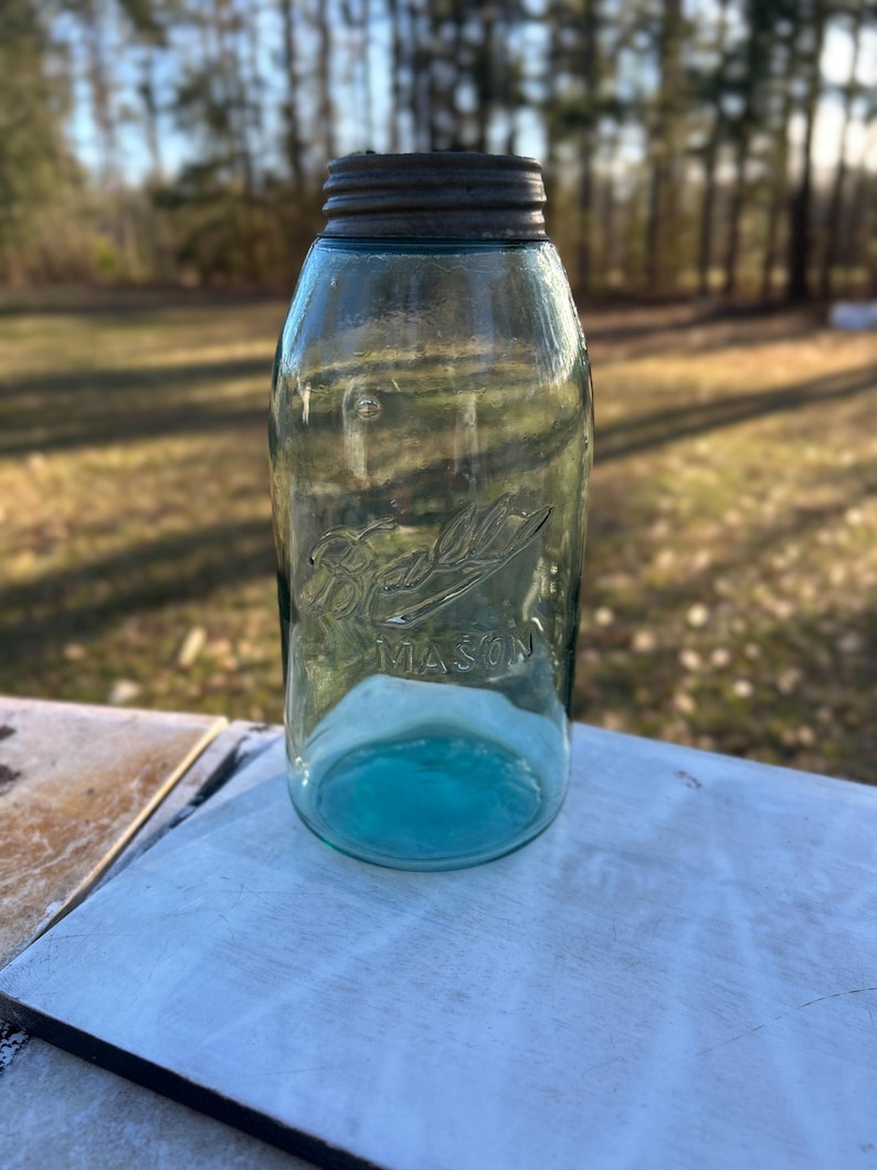 Antique Ball Triple-L MASON Half-Gallon Aqua Fruit Jar