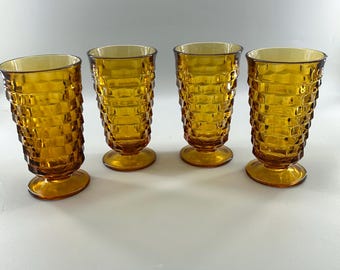 Set of 4 Vintage Indiana Glass Whitehall Amber Footed Tumblers Mid Century Barware