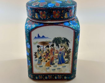 Vintage Japanese Porcelain Ginger Jar with Geisha Scene, Kutani Floral Enamel Tea Caddy, Chinoiserie Decor