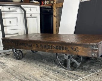 Antique 1800s Nutting Factory Cart Coffee Table • Original Wood & Cast Iron Hardware • Rustic Farmhouse Industrial Loft Furniture Decor
