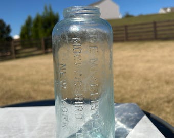 F.E. McAllister's Mocking Bird Food Bottle – New York Early 1900s Aqua Embossed Antique Collectible
