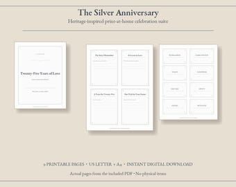 Kit per la festa del 25° anniversario stampabile, Vintage Heritage Anniversary - Cartelli, etichette e biglietti per gli ospiti, download immediato