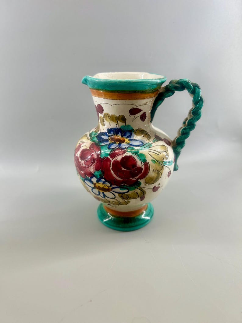 Vintage Hand Painted Spanish Talavera Style Faience Pitcher Twisted Handle Floral Pottery Jug