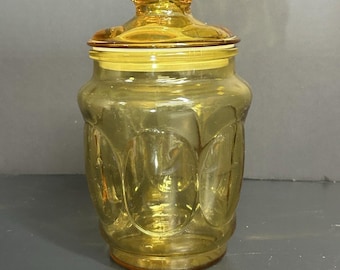 Vintage Honey Amber Glass Cookie Jar, 1950s Bubble Pattern Press Lid, Mid Century Kitchen Decor