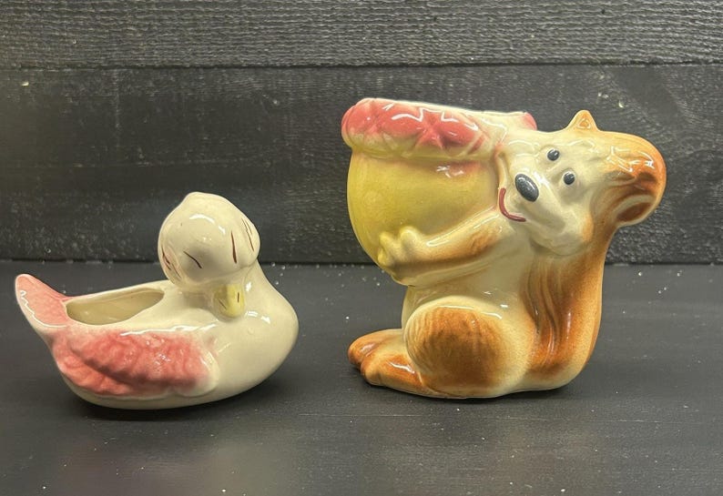 Vintage Squirrel Planter Duck Planter Set Mid Century Ceramic Japan Figurines Retro Nursery Woodland Decor Pair