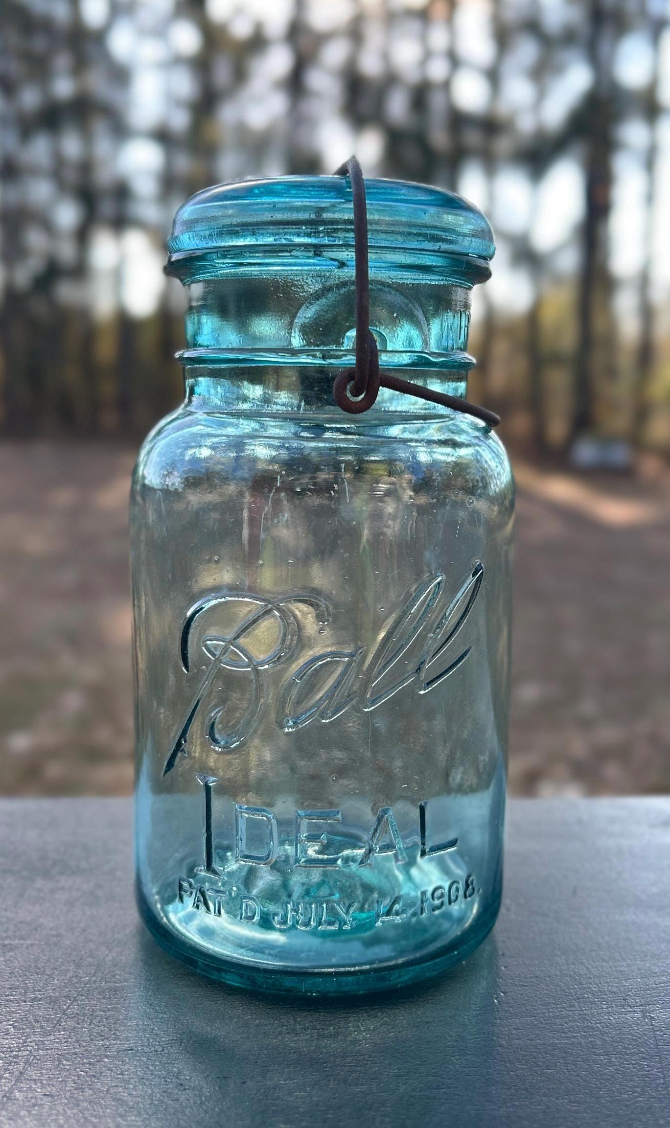 Ball IDEAL メイソンジャー PAT'D1908 蓋付 アクア Ball Ideal Quart Mason Jar, PAT'D July 14 1908, Aqua Glass With