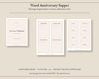 Kit per la festa di anniversario in legno, stampabile, ideale per il 5° anniversario in stile vintage, con cartelli, etichette e biglietti per gli ospiti, download immediato.