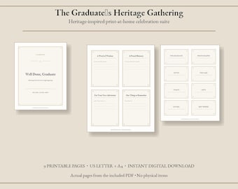 Kit stampabile per la festa di laurea "The Graduate's Heritage Gathering", cartelli, etichette e biglietti per gli ospiti in stile vintage, download immediato.