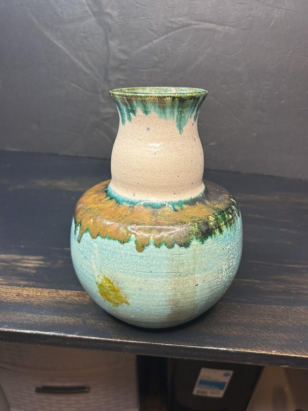 Vintage Blue Drip Glaze Pottery Vase, Signed Ernest E. Mitchell Jr. - Etsy