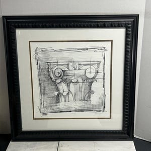 Lámina firmada por Ethan Harper con la imagen de una columna jónica enmarcada, litografía arquitectónica de edición limitada para pared.