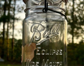 Scarce Complete Antique Ball Eclipse Wide Mouth Jar, Glass Lid, Wire Bail, Red Seal, Surviving Old Paper Label, Antique Collector Display