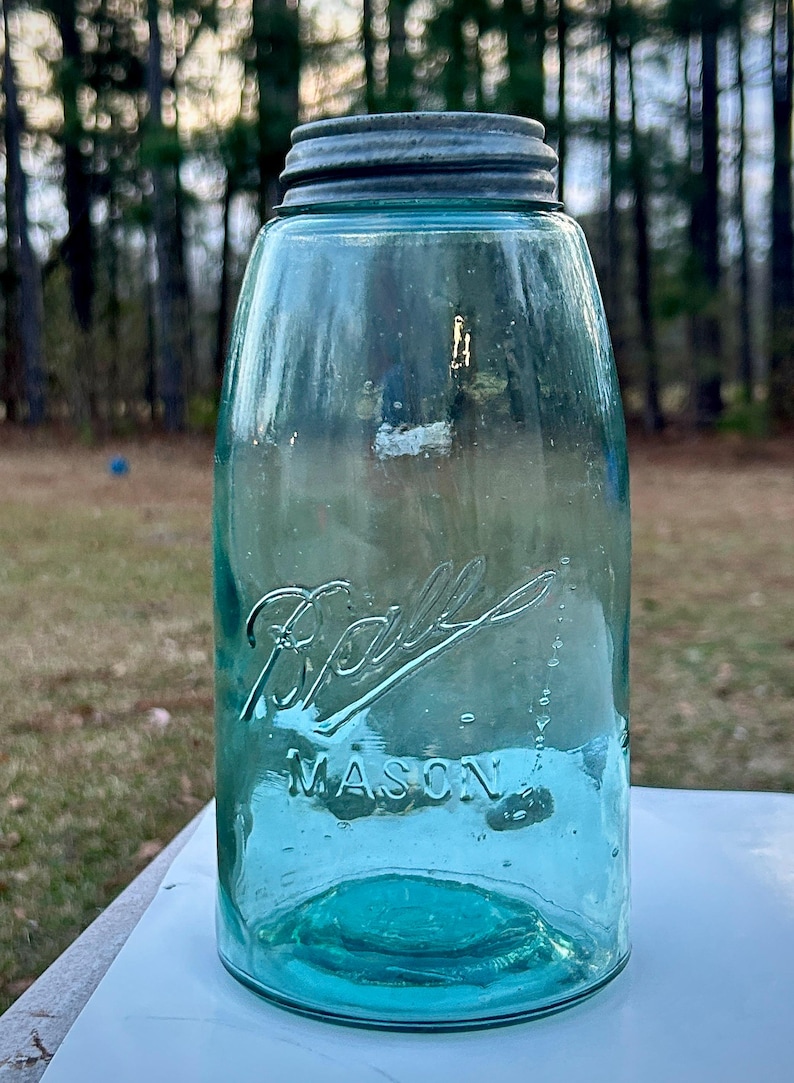 Antique Ball Triple-L MASON Half Gallon Aqua Mason Jar Seed Bubble Trail Milk Glass Liner Zinc Lid 1900-1910