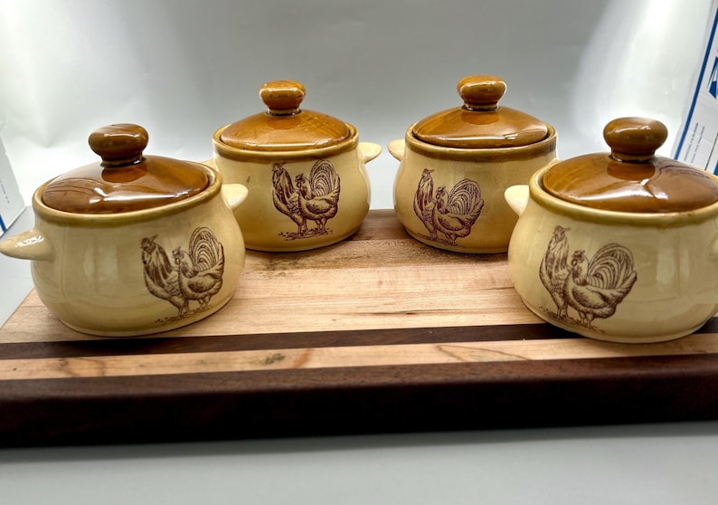 Vintage Covered Casserole Dishes Set of 4 Rooster Stoneware Soup Crocks w Lids Rustic Farmhouse Kitchen Decor French Onion Soup
