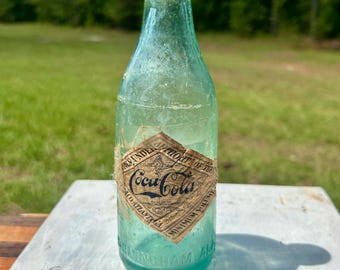 Bottiglia antica di Coca-Cola a parete dritta, Birmingham, Alabama, AB Co 1332, Copyright 1907, etichetta di carta color acquamarina, 6 oz.