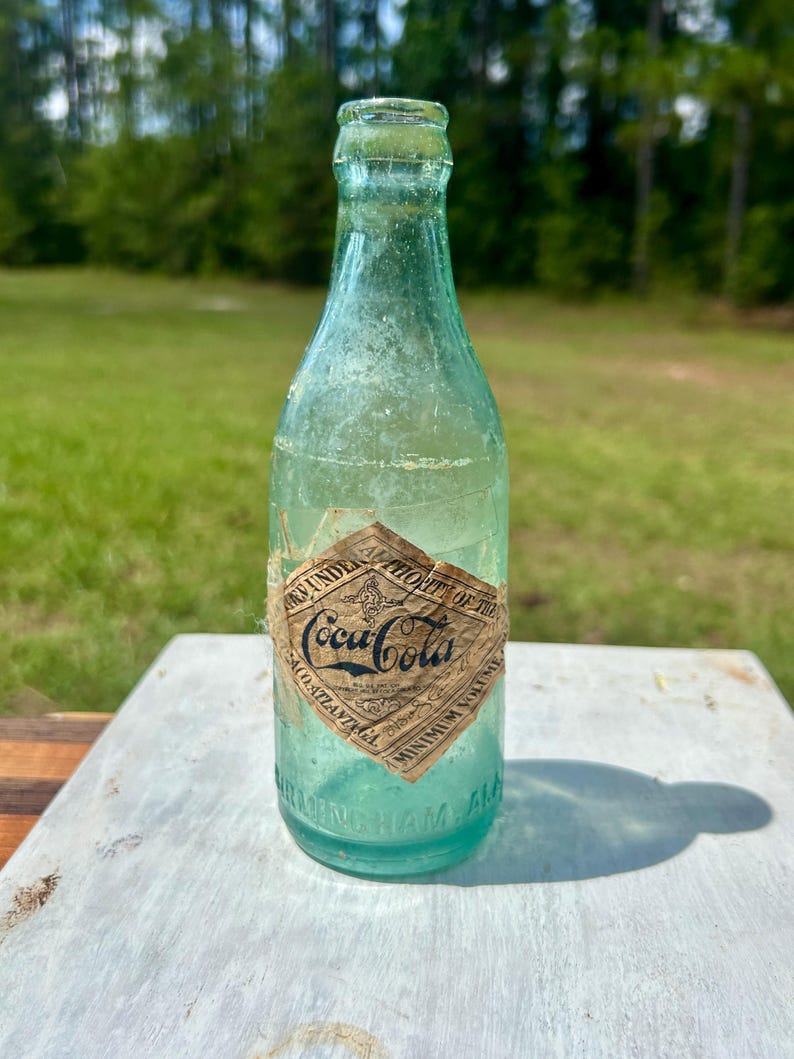 Garrafa antiga de Coca-Cola com laterais retas, Birmingham, Alabama, AB Co 1332, Copyright 1907, Rótulo de papel, Aqua, 6 oz imagem 1