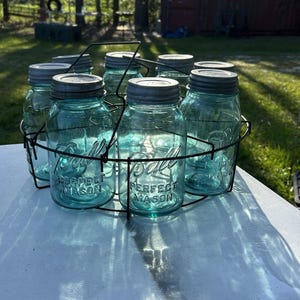 Rare Vintage lot of 8 Blue Perfect Mason Ball Quart Jars w/ Zinc Lids & Wire Carrier. Gorgeous jars! Deep embossing and bubbles in the glass