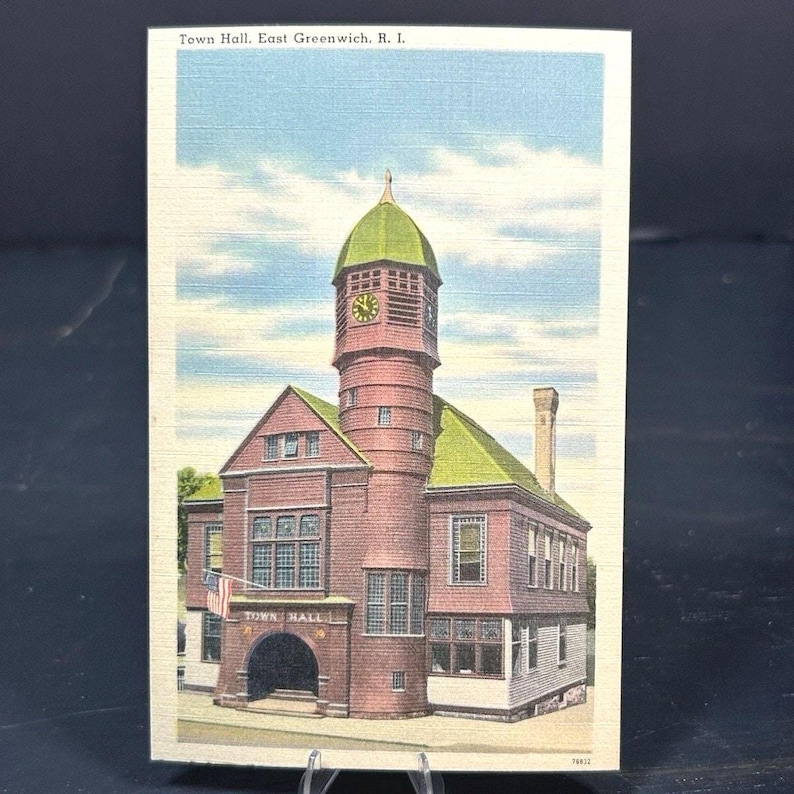 1930s East Greenwich RI Town Hall Linen Postcard