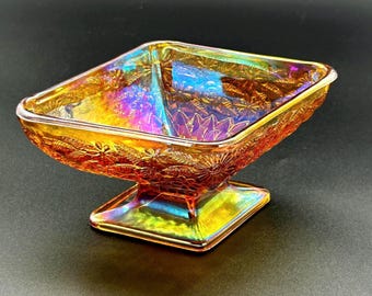 Vintage Indiana Glass Carnival Glass Compote Marigold Iridescent Pedestal Bowl
