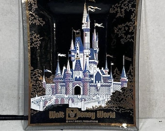 Vintage 1970 Walt Disney World Cinderella Castle Trinket Dish, Black & Gold Enamel Souvenir Keepsake