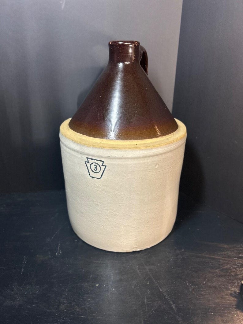 Antique Pfaltzgraff Stoneware Whiskey Jug 3 Gallon Keystone Crock Primitive Americana