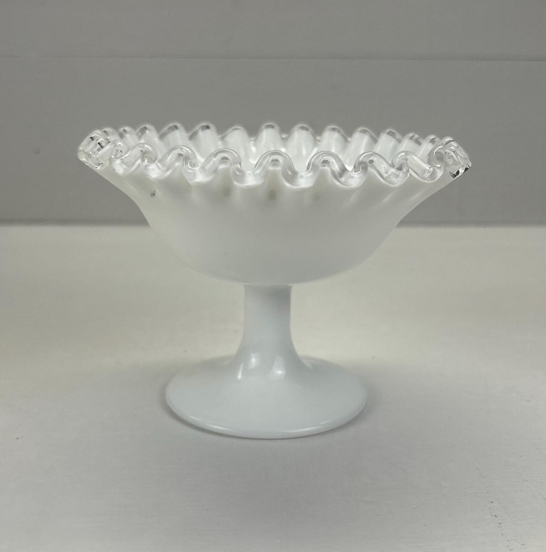 Fenton Silver Crest Milk Glass Pedestal Compote Ruffled Edge Bowl 1950s Centerpiece Display
