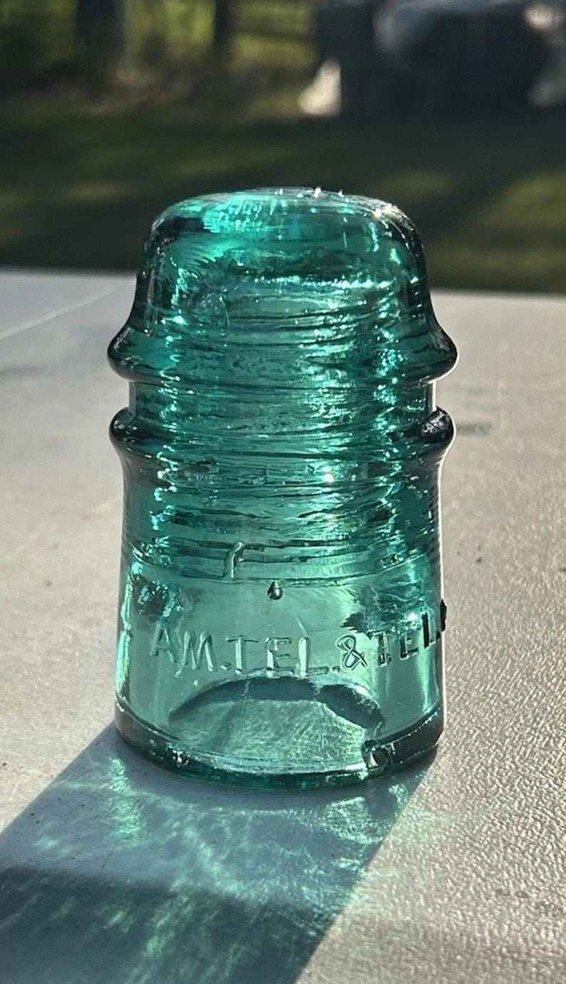 Antique AM Tel & Tel Co Ice Green Glass Insulator Elmer NJ Embossing Telephone Collectible