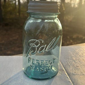 Rare Antique Blue Ball Perfect Mason Jar Blue with original Milk Glass Zinc Lid 1920’s #9. Gorgeous jar ! Has bubbles and a rare shaped 9 image 1