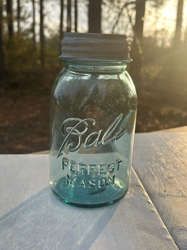 Rare Antique Blue Ball Perfect Mason Jar Blue with original Milk Glass Zinc Lid 1920’s #9. Gorgeous jar ! Has bubbles and a rare shaped 9 image 1