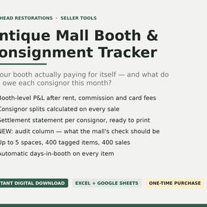 Antique Booth Tracker Spreadsheet | Antique Mall Vendor Rent, Profit & Consignment Split Tracker | Excel Google Sheets
