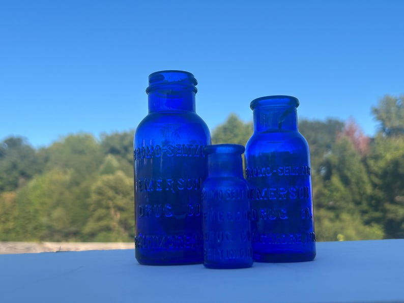 Antique Bromo-Seltzer Cobalt Blue Bottle Set of 3