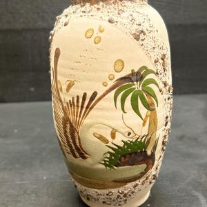 Vintage MORA Spanish Pottery Vase, Hand-Painted Swan, Lava Glaze