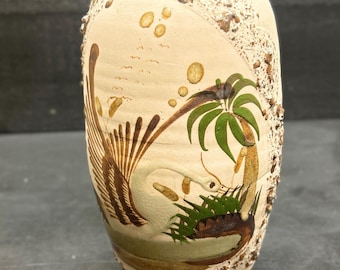 Vaso vintage in ceramica spagnola MORA, cigno dipinto a mano, smalto lava