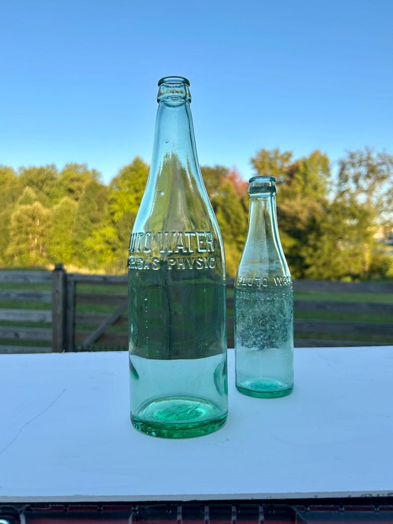 Antique Pluto Water Bottles Set of 2 French Lick Indiana Aqua Glass America’s Physic Embossed Devil Base Mineral Water Pair