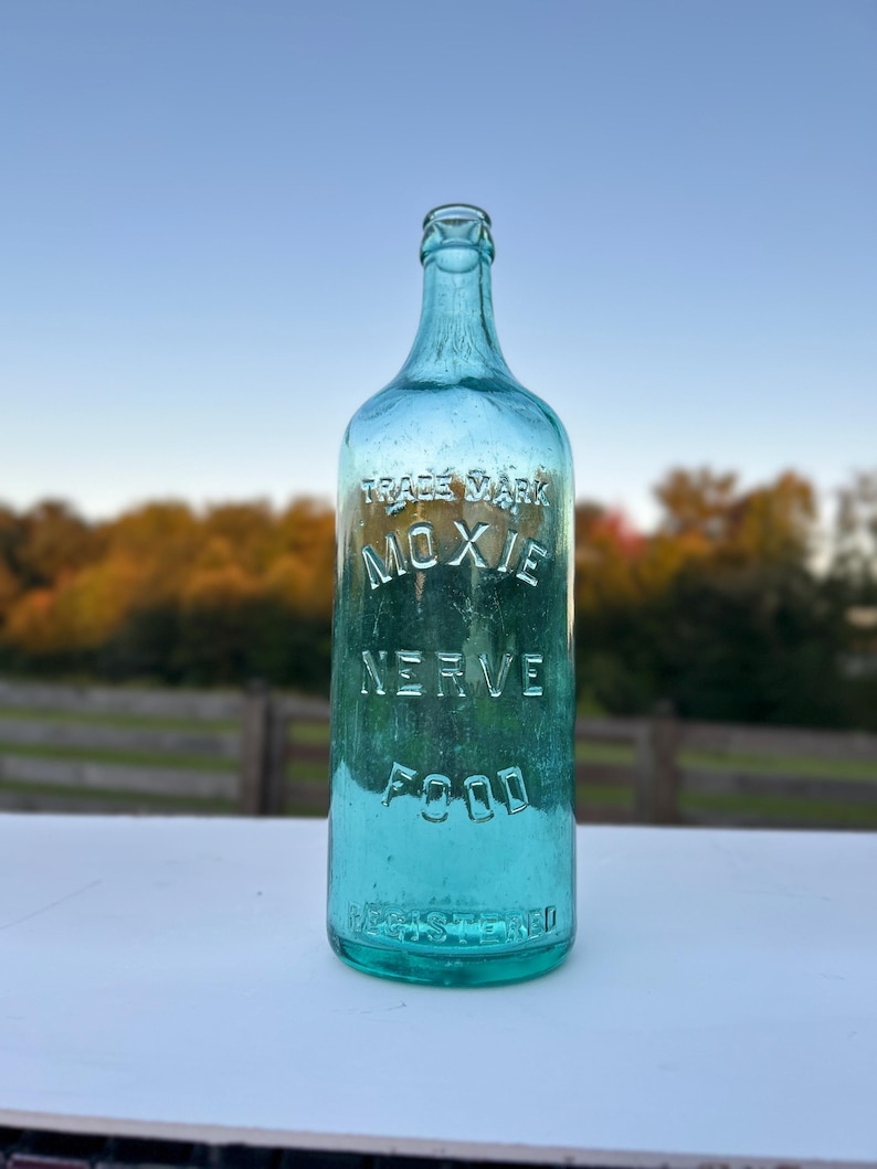 Antique Moxie Nerve Food Bottle B6 Aqua Glass Embossed Soda Bottle c1904-1910