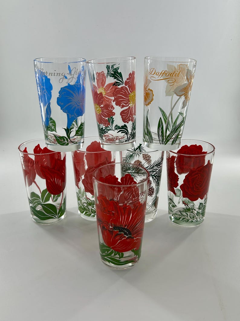 Vintage Federal Glass Floral Tumbler Set of 8 Mid Century Drinking Glasses Poppy Rose Daffodil Retro Barware MCM USA