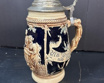 Vintage Lidded Marzi Remy Beer Stein Mug .Western Germany E & R Golden Crow