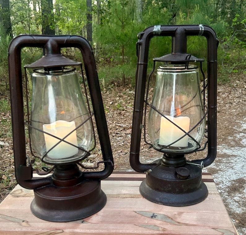 Antique Dietz and Monarch Oil Lanterns Pair Tubular Cold Blast Kerosene Lamps