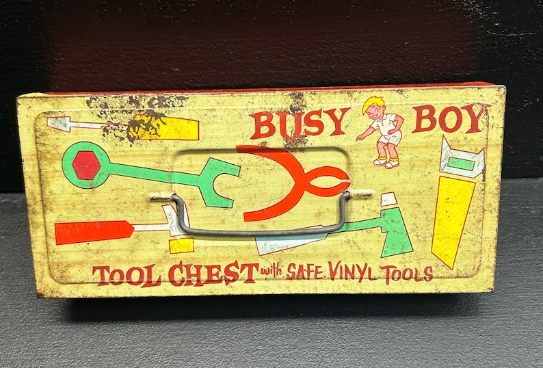 Vintage Busy Boy Tin Toy Tool Chest