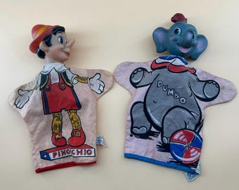 Vintage 1960s Disney Pinocchio and Dumbo Hand Puppets Vinyl Head Toy Set