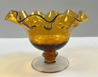 Vintage Mid-Century Amber Glass Compote, Bubble Footed Bowl for Farmhouse & Rustic Decor