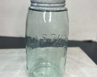 Antique Mason's Patent 1858 Mason Jar Aqua Blue Quart Canning Jar Seed Bubbles Farmhouse Display