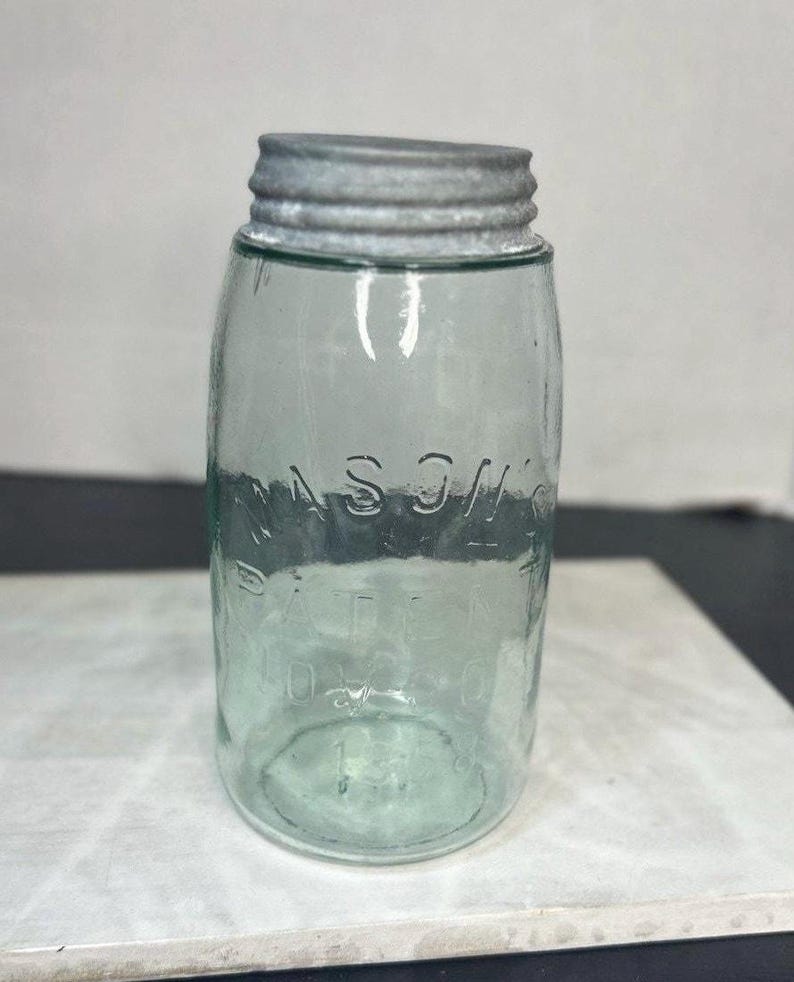 Antique Mason's Patent 1858 Mason Jar Aqua Blue Quart Canning Jar Seed Bubbles Farmhouse Display