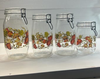 Vintage French Mushroom Canister Set, 1970s Glass Kitchen Storage Jars with Wire Bail Lids