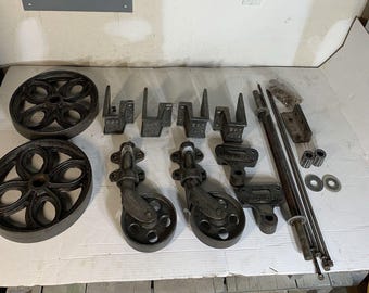 Antique Lineberry Factory Cart Hardware Set with Daisy Wheels, Industrial Cart Restoration Kit