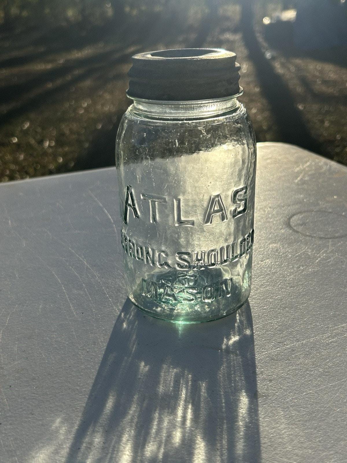 Extremely rare ! Light Cornflower Blue ATLAS STRONG SHOULDER Quart Canning Jar lots of Bubbles! Very rare jar. Great for any collector!
