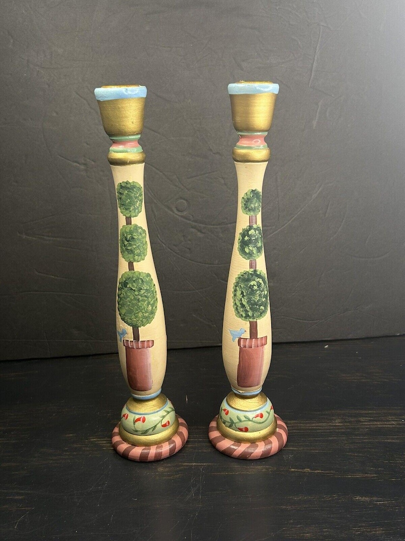 Folk Art Hand-Painted Wooden Candle Holders