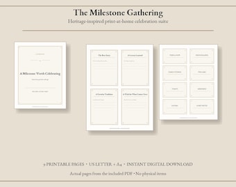 Kit per feste di compleanno "Milestone Gathering" stampabile, cartelli, etichette e biglietti per gli ospiti in stile vintage, download immediato.