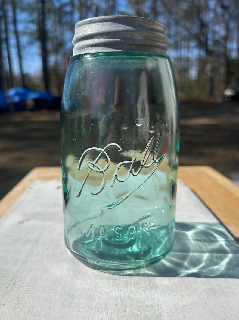 Container Jars With Script Antique Ball Mason Quart Deep Teal Aqua Jar 1910-1923 Underlined Script ...