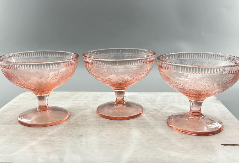 Vintage 1930s Pink Depression Glass Sherbet Cups Set of 3 Etched Floral Footed Bowls Cottage
