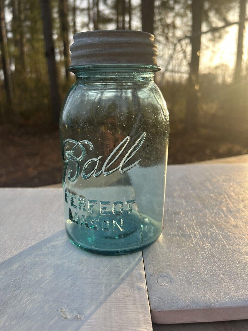 Rare Antique Blue Ball Perfect Mason Jar Blue with original Milk Glass Zinc Lid 1920’s #9. Gorgeous jar ! Has bubbles and a rare shaped 9 image 4